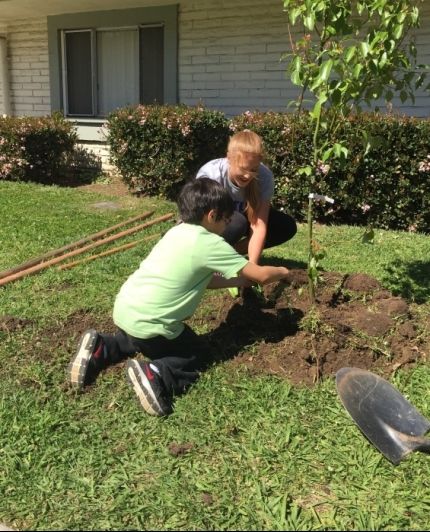 Lauren Wood planting tree with a child